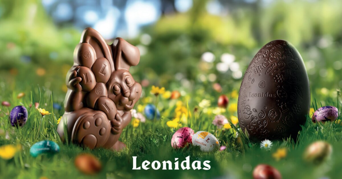Leonidas easter banner chocolate bunny novolty and chocolate egg grass flowers mini eggs